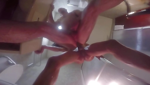 Busty ebony shemale has a black cock in the shower