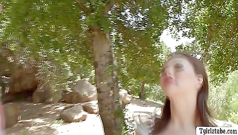 Brunette babe takes my hard cock and rides it on grass