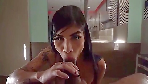 Tattooed brunette girl gets her ass drilled with a dick