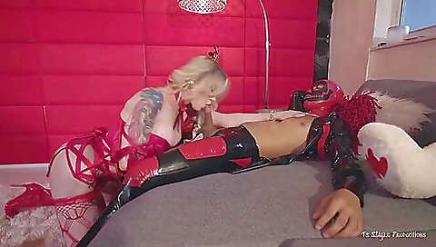 Big Ass Tranny Blondie In Red Lingerie Fucks Guy In Latex