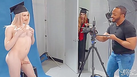 Blonde slut is deepthroated with a man in her dark brown stockings